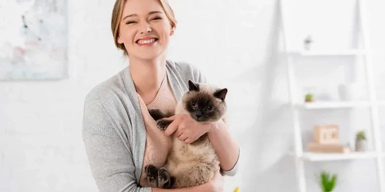 Siamese cat beinmg held by woman