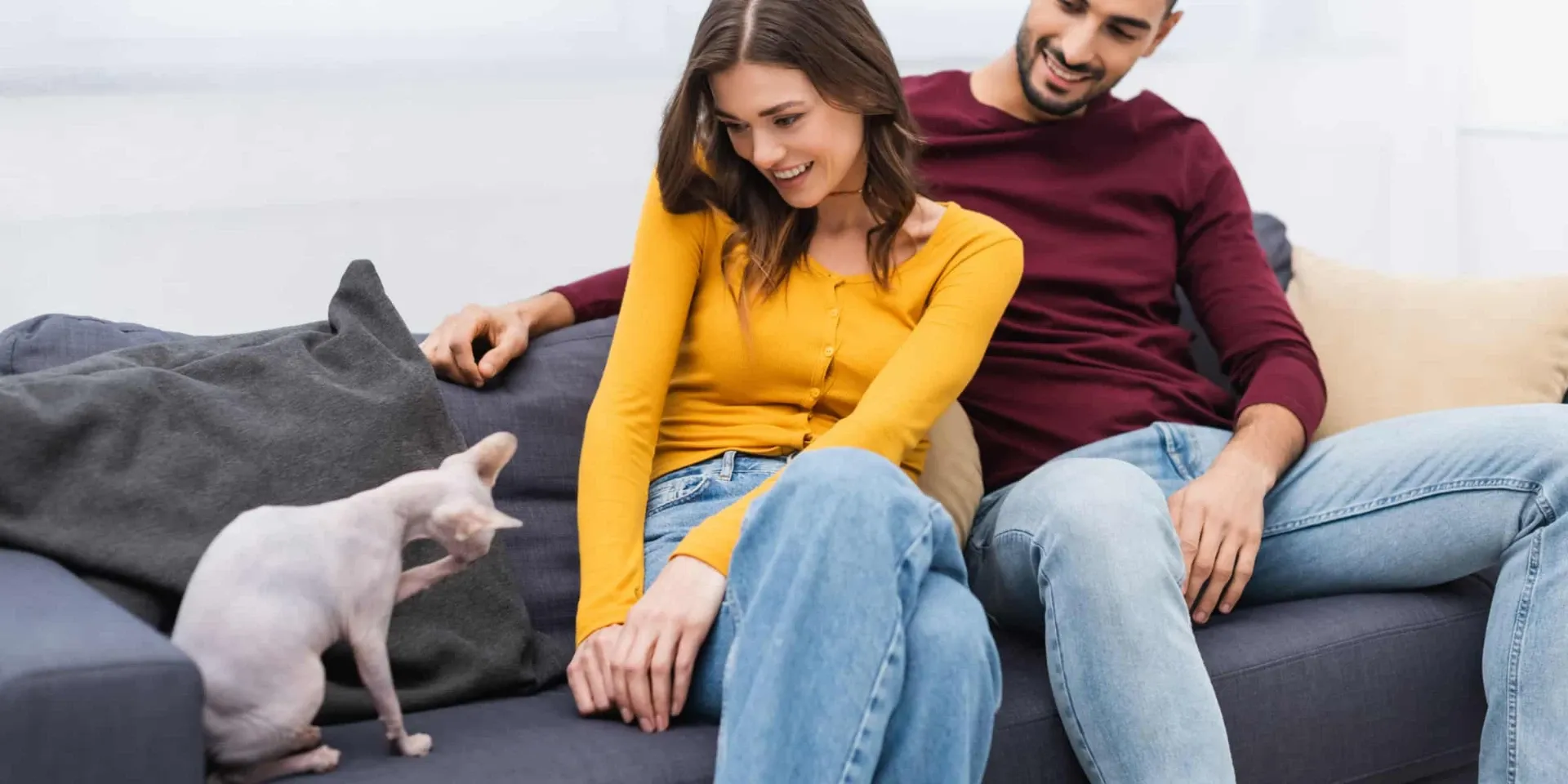 couple with sphynx cat