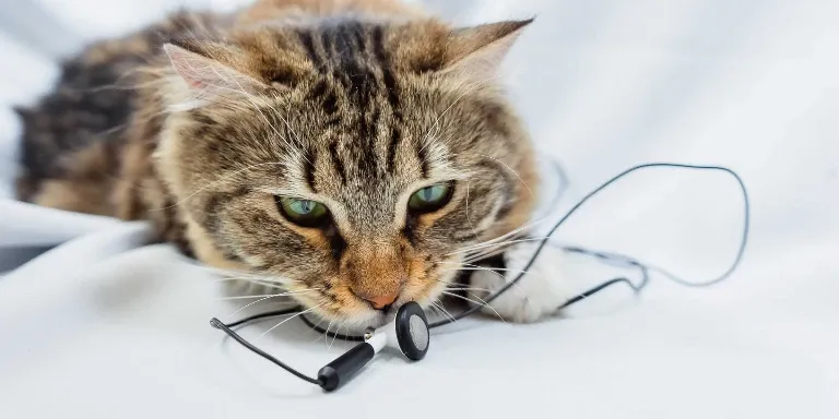 kitten with headphone wires