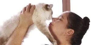 woman and cat touch nose
