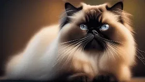 A cat with blue eyes is sitting on a dark background.