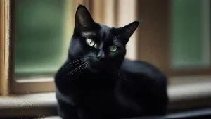 A black cat with green eyes sitting on a window sill.