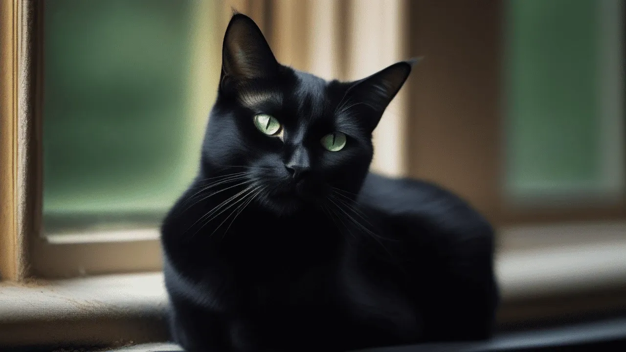 A black cat with green eyes sitting on a window sill.