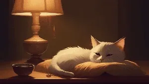 an image of a sick cat lying on a cozy bed with a bowl of water nearby. The room is dimly lit with a soft lamp.