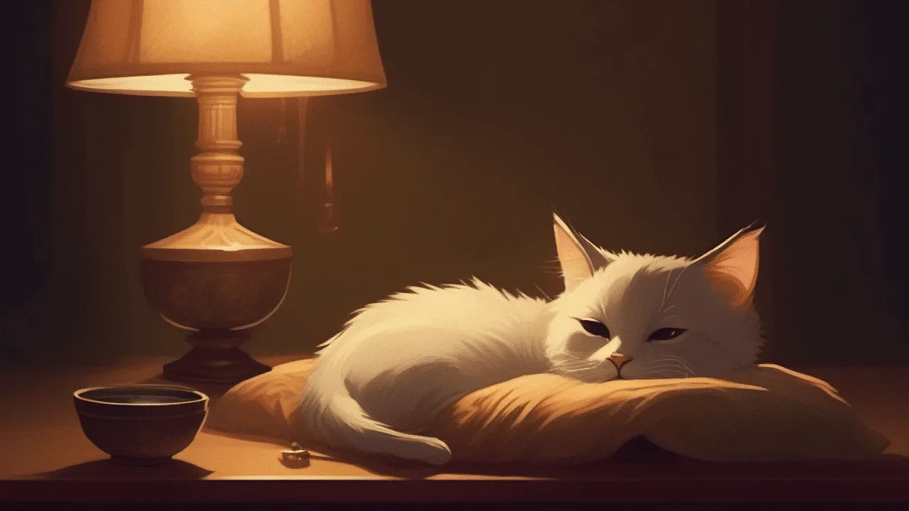 an image of a sick cat lying on a cozy bed with a bowl of water nearby. The room is dimly lit with a soft lamp.