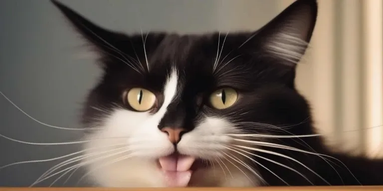 A black and white cat sticking its tongue out.