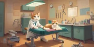 A cat is sitting on a table in a doctor's office.