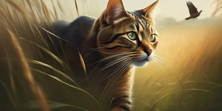 A cat is walking through tall grass with a bird in the background.