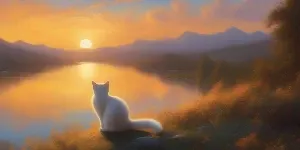 A white cat is sitting on a rock overlooking a lake.