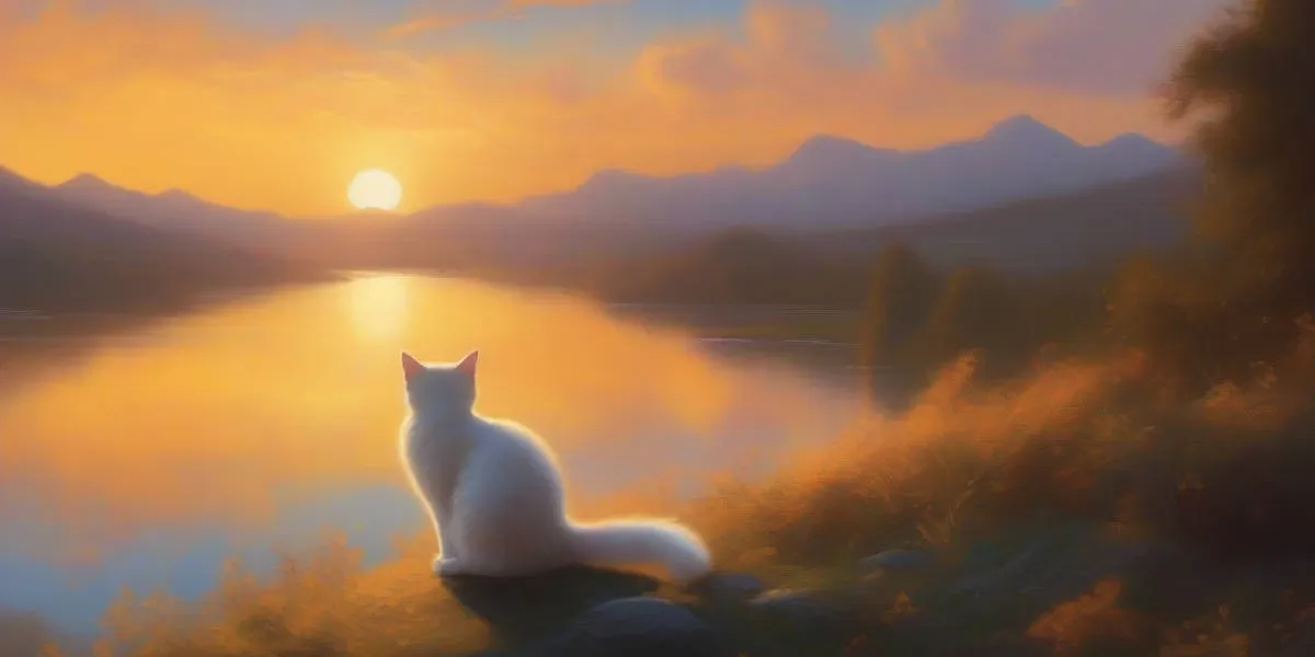 A white cat is sitting on a rock overlooking a lake.