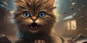 An image of a cat with blue eyes in a city.