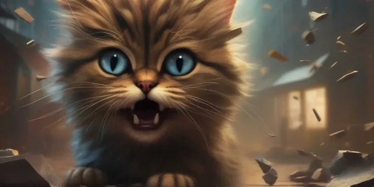 An image of a cat with blue eyes in a city.