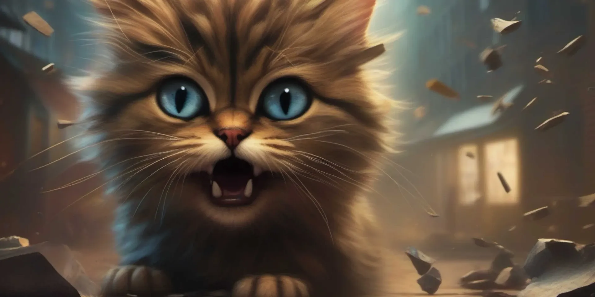 An image of a cat with blue eyes in a city.