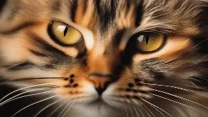 A portrait of a cat with yellow eyes.