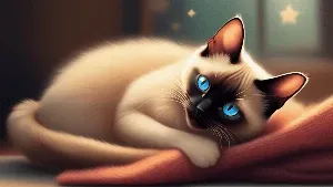 A siamese cat laying on a blanket with blue eyes.