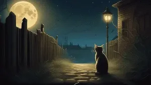 A cat looking at the moon in a dark street.