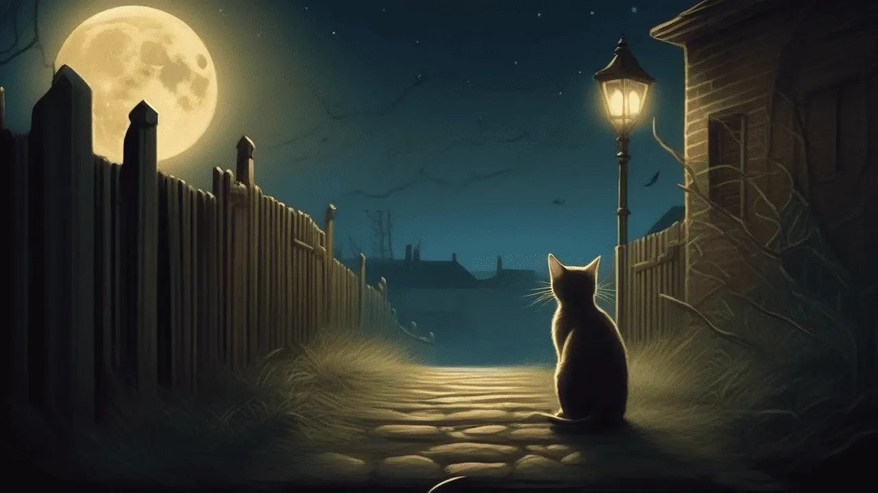 A cat looking at the moon in a dark street.