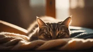 A tabby cat laying on a blanket in the sun.