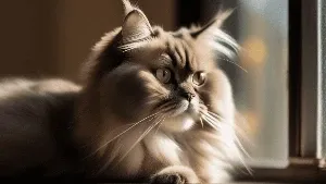 A long haired cat is sitting on a window sill.