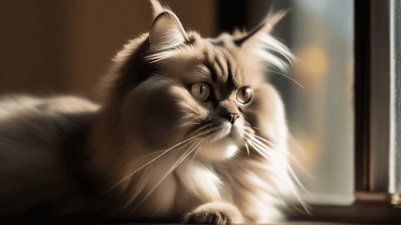 A long haired cat is sitting on a window sill.
