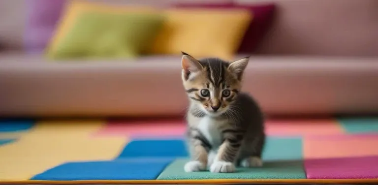 A kitten standing on a colorful mat in a living room.
