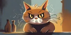 A drawing of a cat with a bottle in front of it.