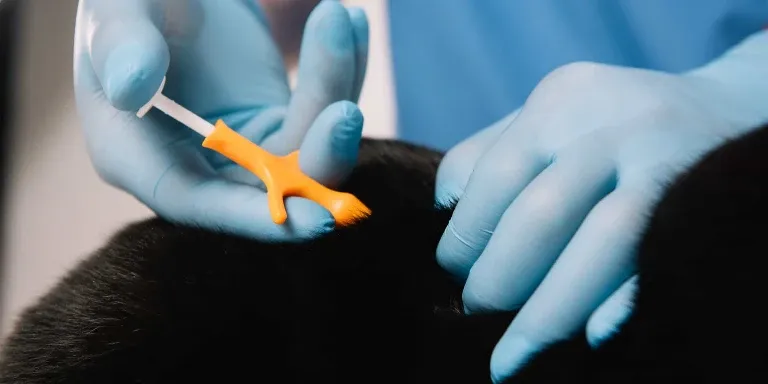 A person in blue gloves is putting a needle into a black dog's leg.