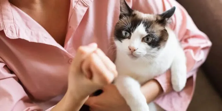 A woman is holding a cat in her hand.