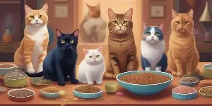 A group of cats sitting around a table with bowls of food.