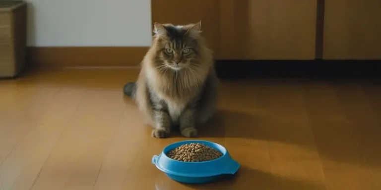 A cat sitting on a wooden floor next to a bowl of food.