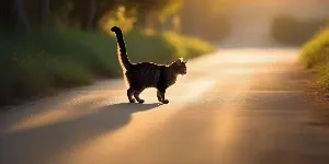 A cat walking down a road at sunset.