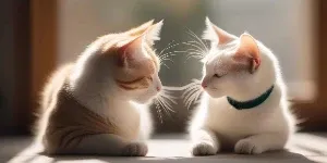 Two cats looking at each other in front of a window.