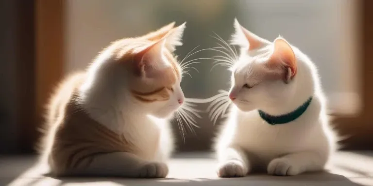 Two cats looking at each other in front of a window.