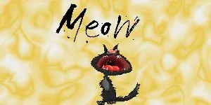 A black cat with the word meow on it.