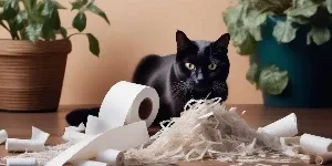 A black cat is sitting on top of a pile of toilet paper.