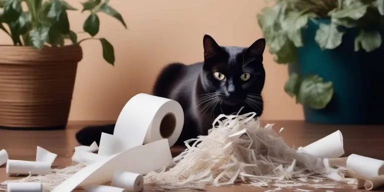 A black cat is sitting on top of a pile of toilet paper.