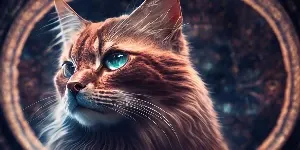 A portrait of a cat with blue eyes in a circular frame.