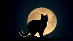 A black cat standing in front of a full moon.