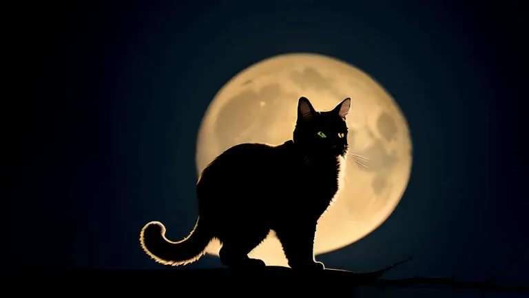 A black cat standing in front of a full moon.