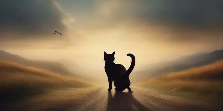 A black cat is standing on a dirt road at sunset.