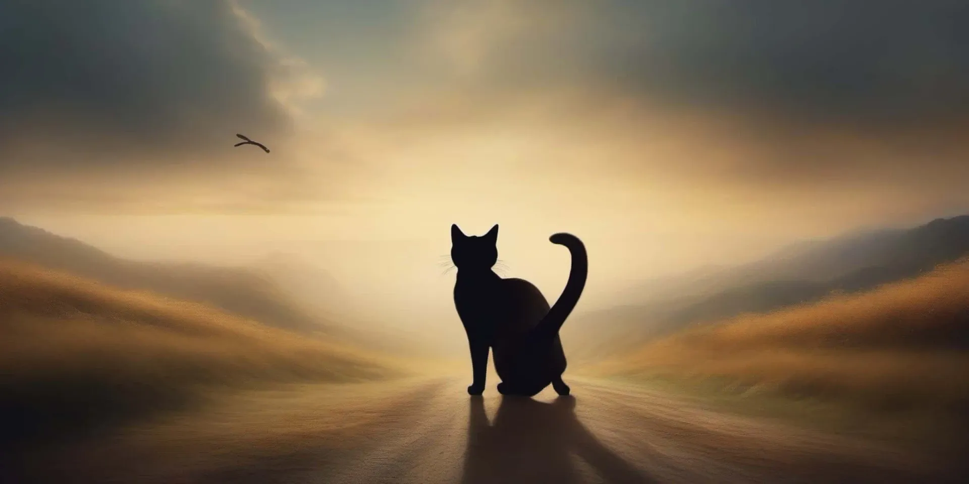 A black cat is standing on a dirt road at sunset.