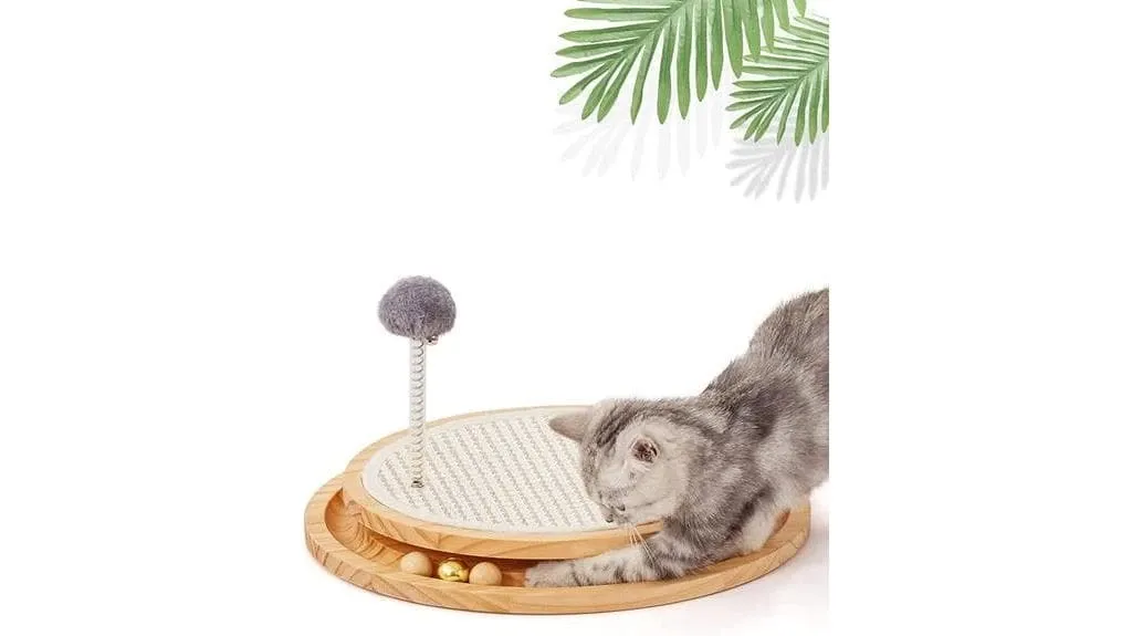 A cat is playing with a scratching toy on a wooden board.