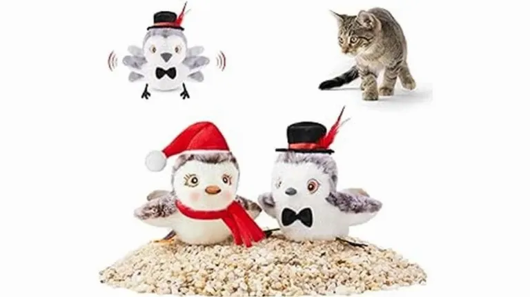 A stuffed bird with a santa hat and a cat in a hat.