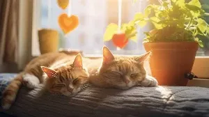 Two orange cats sleeping on a window sill.