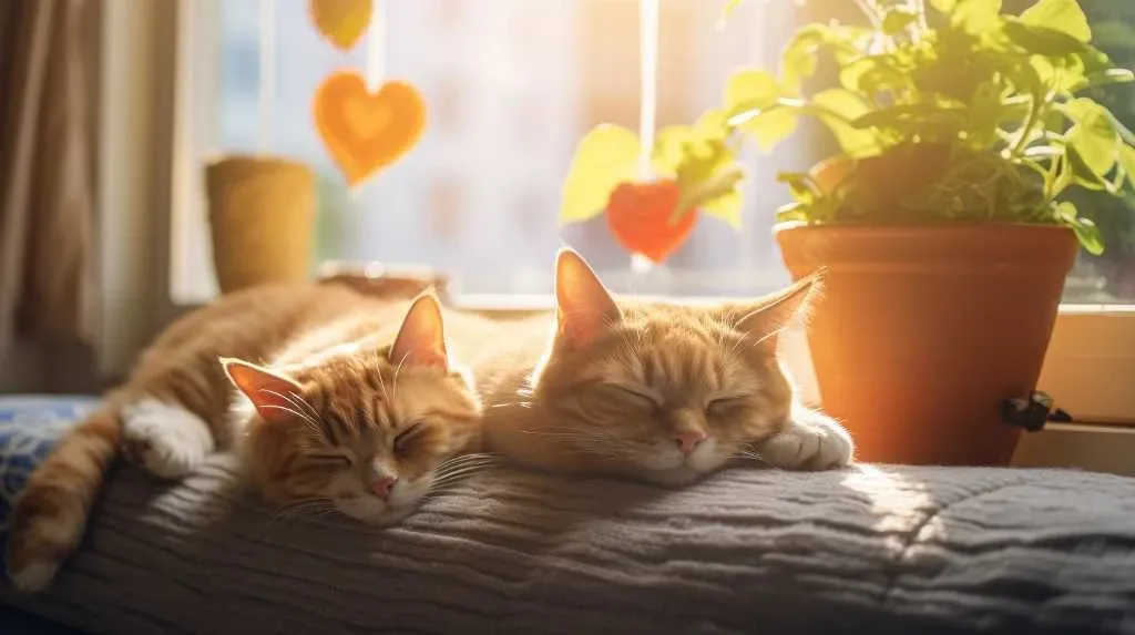 Two orange cats sleeping on a window sill.