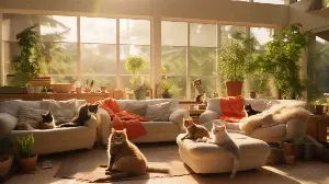 A group of cats sitting on couches in a living room.