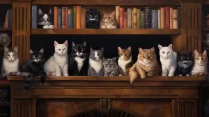 A painting of a group of cats sitting in front of a fireplace.