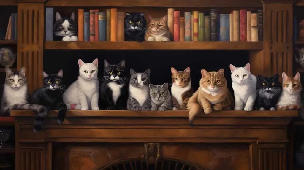 A painting of a group of cats sitting in front of a fireplace.