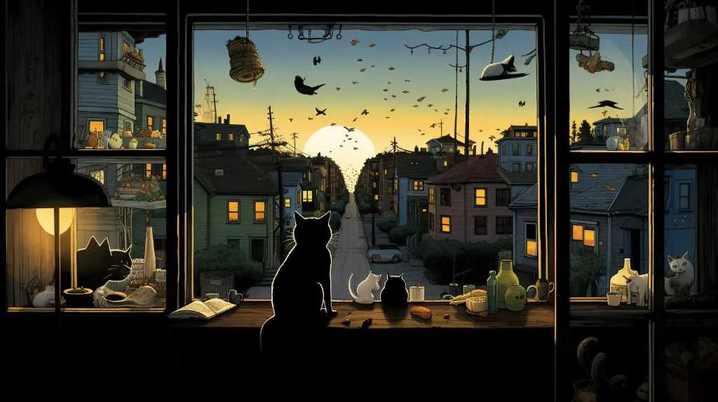 A cat looking out of a window at a city.