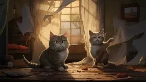 Two cats standing in front of a broken window.